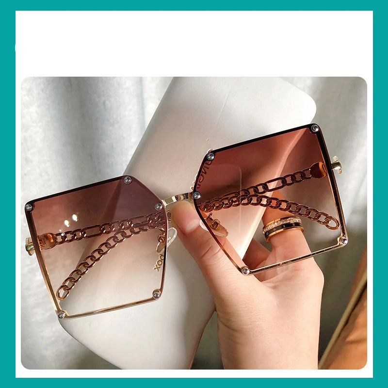 Gafas de sol cuadradas y grandes sin marco para mujer, lentes de sol a la moda para disparar en la calle, con cadena de Metal y personalidad, a la moda