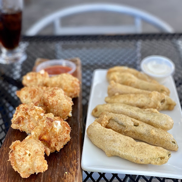 Fried cheese curd fritters and dill pickle spears