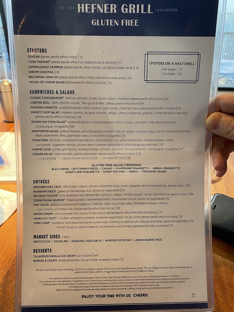 Hefner Grill gluten-free menu