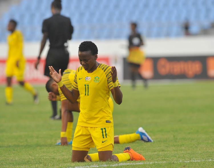 Banyana Banyana striker Thembi Kgatlana celebrates after scoring the only goal during South Africa's historic 1-0 win over Nigeria in the opening match of the African Women's Cup of Nation at Cape Coast Stadium in Ghana on November 18 2018.