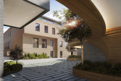 Prestige house for sale in New Canaan (United States) - Modern inner courtyard with building and greenery