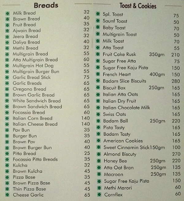 Puri Bakers menu 