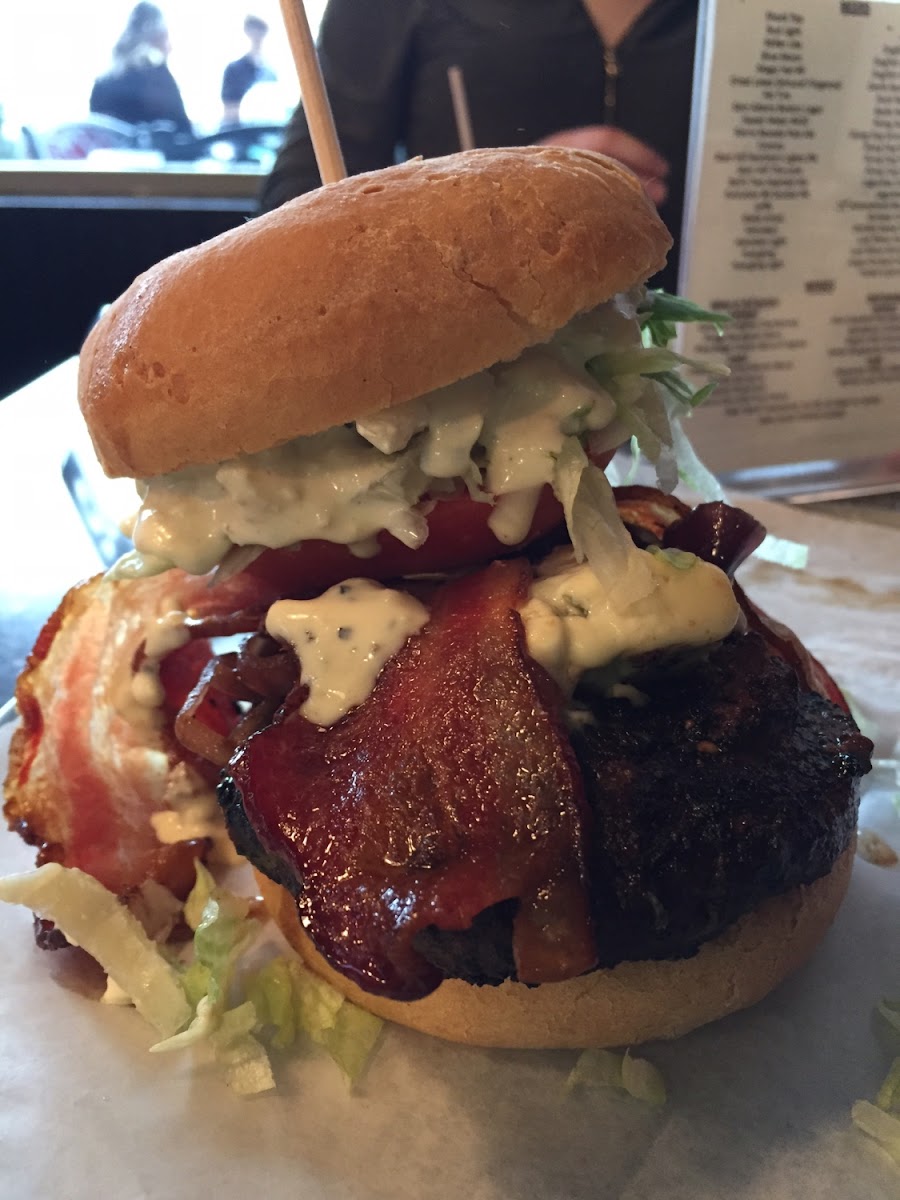 Bacon blue burger on gluten free bun