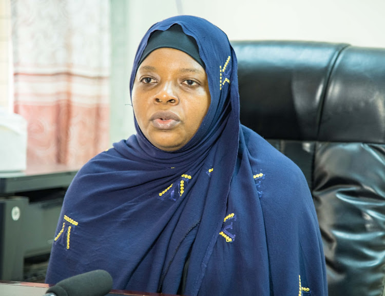 Acting Garissa Referral Hospital CEO Dr Hawa Bakari speaking to the press in her office on Tuesday