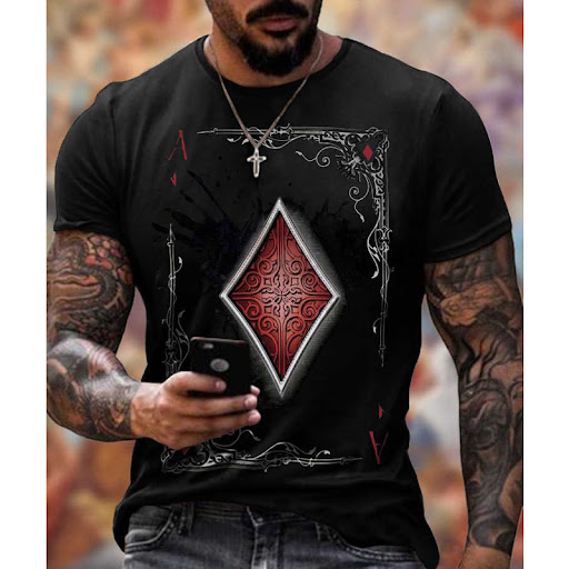 Title 3, Skull Style Poker Diamond Print Vintage MenS T...
