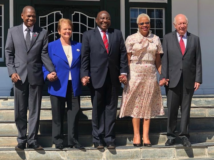 The Elders, from left, health minister Zweli Mkhize; former prime minister of Norway Gro Harlem Brundtland; President Cyril Ramaphosa; Elders co-founder Graça Machel; and former president of Chila Ricardo Lagos. Picture: SA HEALTH MINISTRY