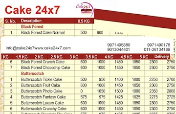 Cake 24X7 menu 