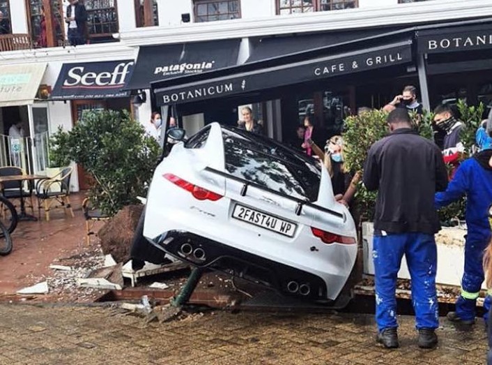 Erica Holt's Jaguar F-Type after it crashed into the outdoor seating area of Botanicum Cafe & Grill in Cape Town on August 4 2020.