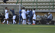 Thanda Royal Zulu FC celebrate after scoring a goal during the National First Division match against  Milano United AFC at Athlone Stadium on March 18, 2017 in Cape Town, South Africa.