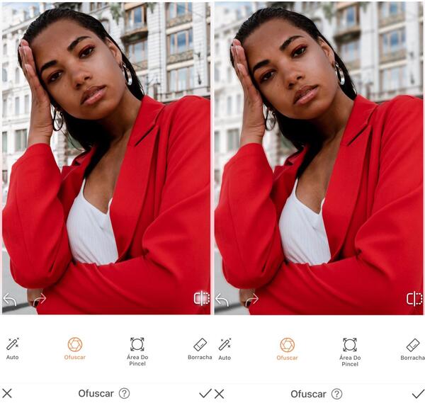 Foto de uma mulher negra com um blazer vermelho e a mão no rosto, sendo editada pelo AirBrush com a ferramenta Ofuscar