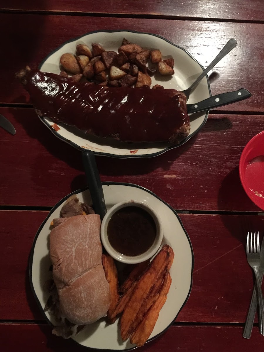 Ribs and prime rib sandwich. Get the sweet potato fries for sure. They have a dedicated fryer!