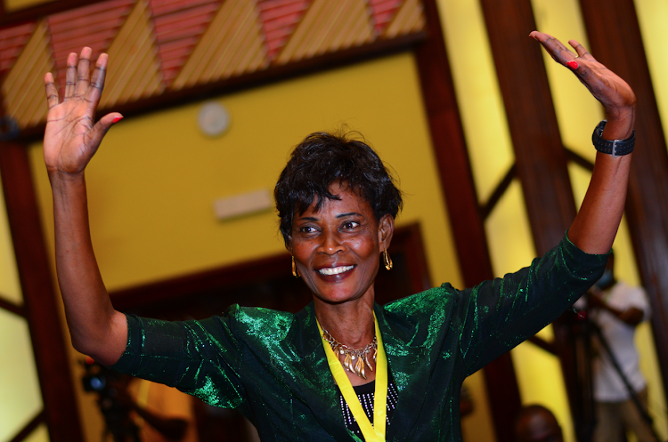 FKF NEC women representative Margaret Omondi celebrates after clinching the seat during the FKF National Elections at Safari Park Hotel on October 17,2020.