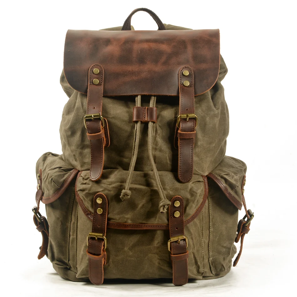 Sac à dos étudiant rétro pour homme en toile cirée huilée Sac de randonnée à cordon Idéal pour l'école le travail et les sorties urbaines