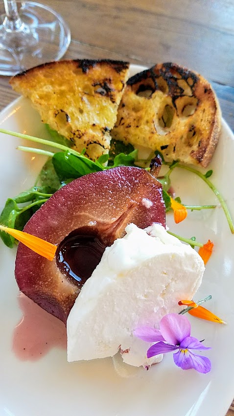 lunch with zazu kitchen + farm. Bohemian Creamery's bodacious cheese with a red wine pear, paired with Bucher Pinot Noir RRV 2014, part of the Artisan Cheese Festival tour visiting the Barlow in Sebastopol