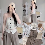 Set Quần Dài Lật Lưng Ống Rộng Lưng Cao Suông Trơn + Áo Ống Croptop Nút Cúp Ngực Dạo Phố Đi Biển Đi Chơi