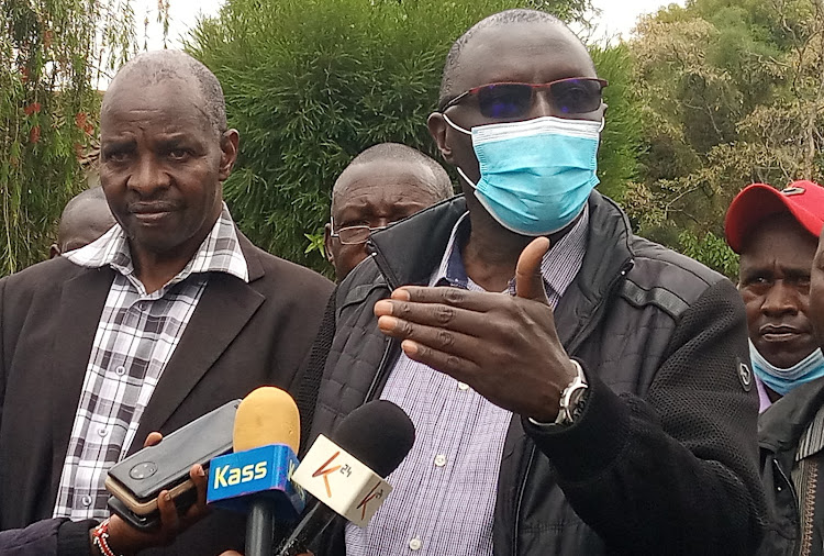 Moiben MP Silas Tiren and director of the Kenya Farmers Association Kipkorir Menjo speaking after a farmers' meeting in Eldoret on January 24