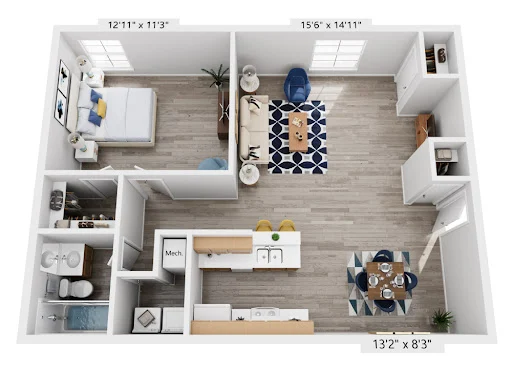1 Bed 1 Bath Classic Floorplan Diagram