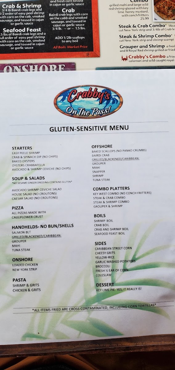 Crabby's On The Pass gluten-free menu