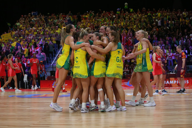 Australia celebrate winning the 2023 Netball World Cup final against England at Cape Town International Convention Centre Court 1 on August 6 2023.