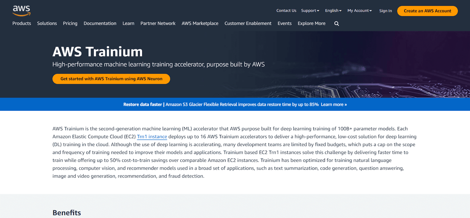 A screenshot of AWS Trainium's website