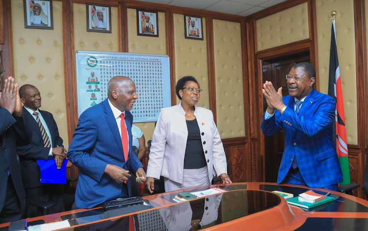 National Assembly Speaker Moses Wetang'ula when he hosted the National Gender and Equality Commission (NGEC) team led by the chairperson Joyce Mwikali at his office on March 21, 2024