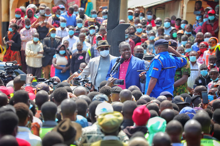 Interior CS Fred Matiang'i addressing residents of Marakwet on Tuesday when he visited the area with a number of elected leaders.