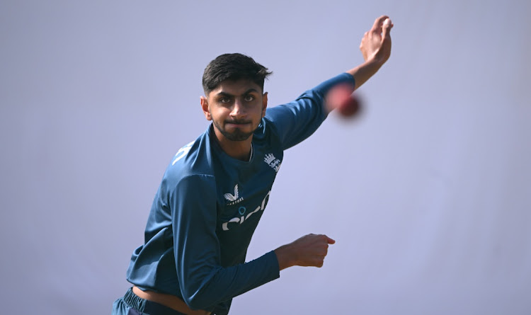 England player Shoaib Bashir in bowling action during England practice ahead of the 2nd Test Match at ACA-VDCA Stadium on January 31 2024 in Visakhapatnam, India. Picture: Stu Forster/Getty Images