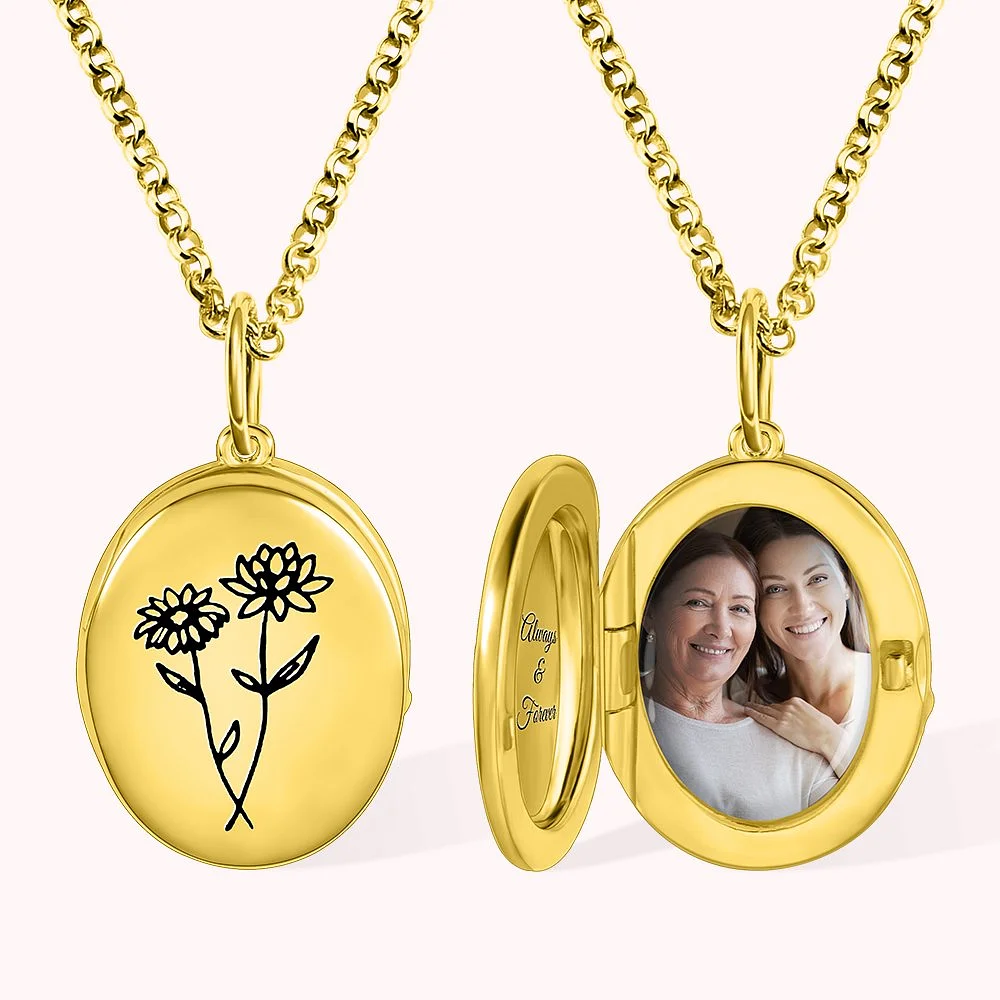 Pendentif en or avec fleur de naissance s’ouvrant sur une photographie et un message personnalisé gravé à l’intérieur.