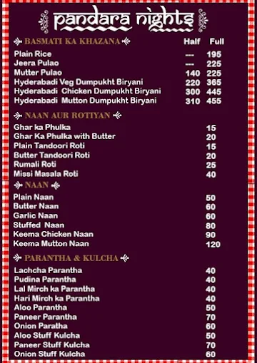 Pandara Nights menu 