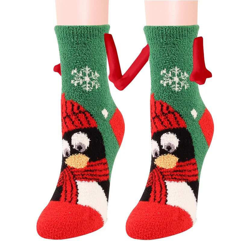 Meias de casal magnéticas de Natal, com sucção e coral fleece. Meias de tubo quentes e macias para o inverno, tipo pantufa.
