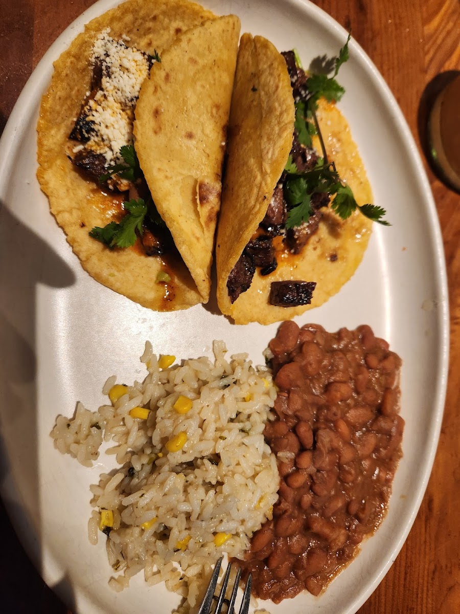 Carne Asada tacos on soft corn torilla with rice and charro beans 08May24