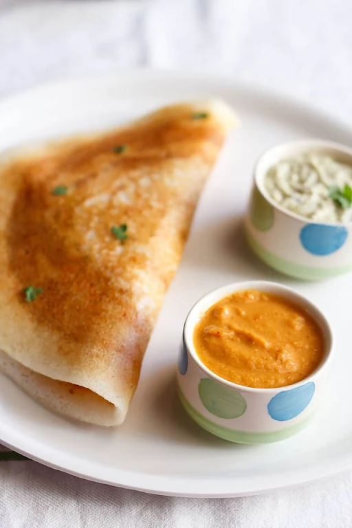 Mysore Plain Dosa +Sambar, Tomato Chutney, Coconut Chutney & Gunpowder