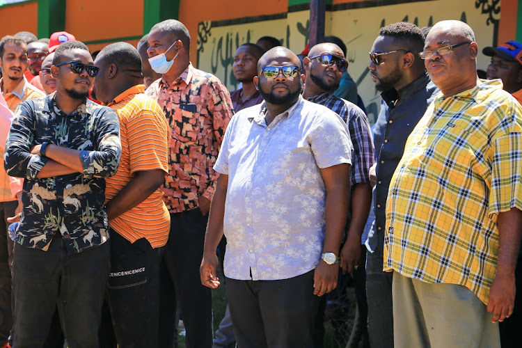 Jomvu politician Abdulrahim 'Kim Kim' Kajembe at the Kikowani cemetery on Thursday during the burial of former Mombasa mayor Ahmed Mwidani.