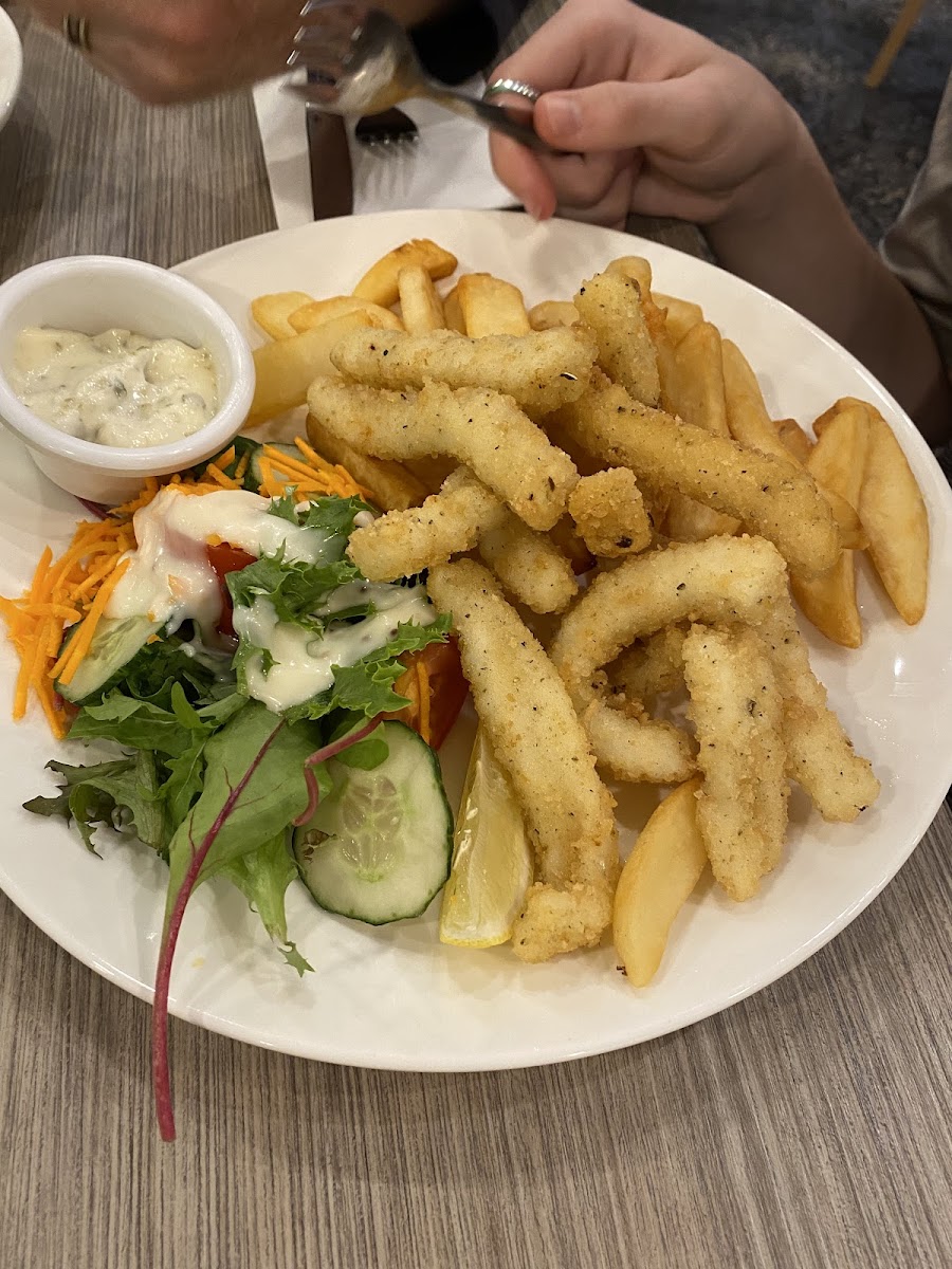 GF salt n pepper calamari chips and salad