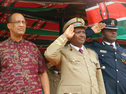 Garissa Governor Nathif Jama and county commissioner James Kianda during Jamhuri Day celebrations at Garissa Primary School on December 12 /FILE