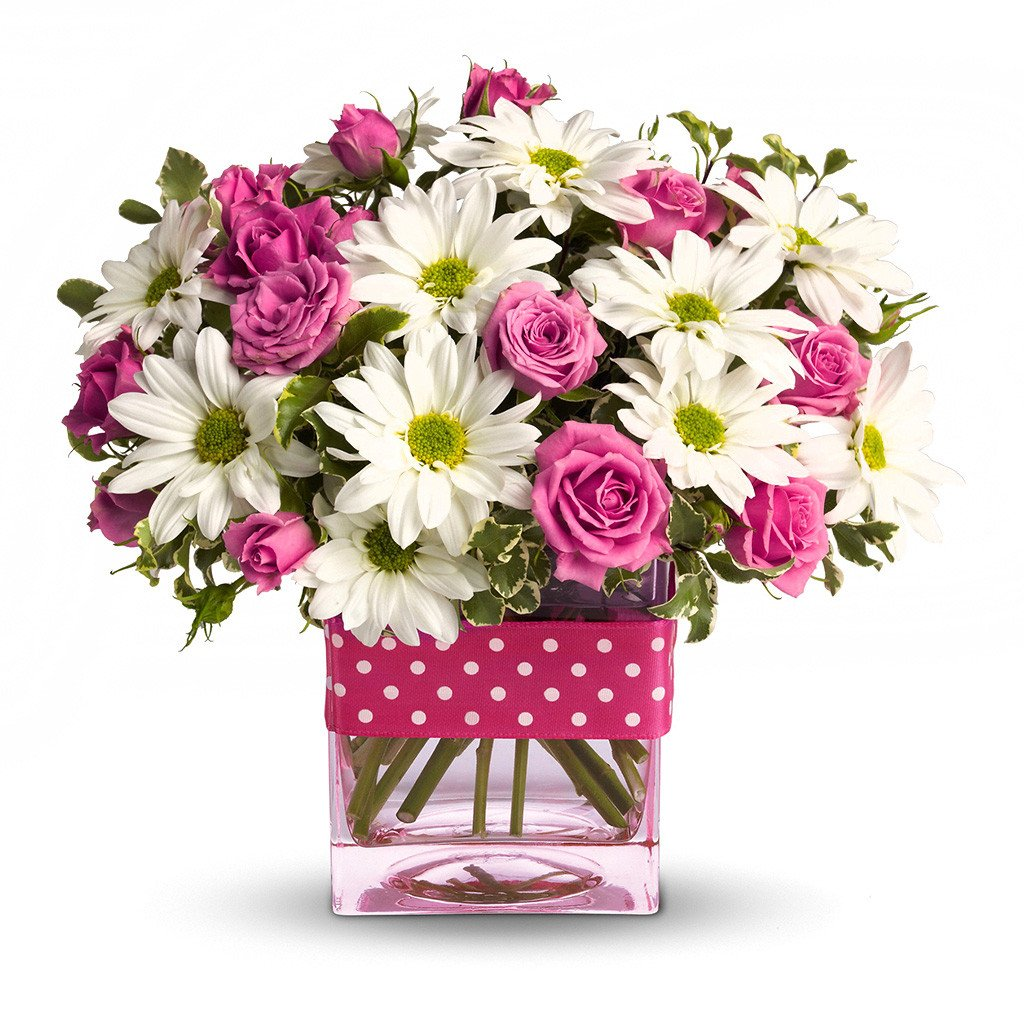 Prolećni buket - Buket od roze ruža sa belim margaretama i malo zelenila