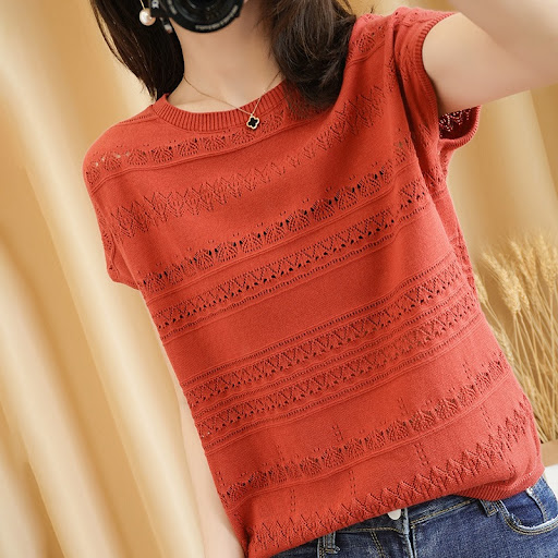 Title 4, Round Neck Thin Hollow Chain Link Flower Cotton...