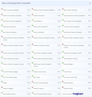 Bombay Rolls & Sandwith menu 