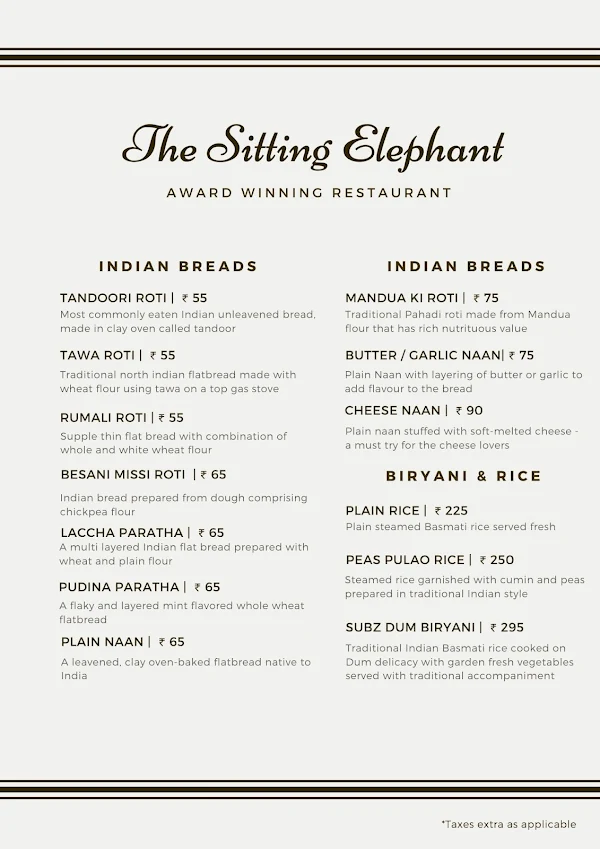 The Sitting Elephant By Hotel Ellbee Ganga View menu 