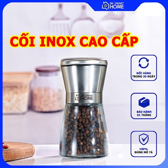 Lọ Xay Tiêu Inox, Dụng Cụ Xay Tiêu Cầm Tay, Cối Xay Hạt Tiêu Thủy Tinh Nắp Inox Cao Cấp Răng Nghiền Bằng Sứ Chuyên Dụng