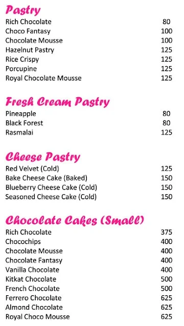 The Cake Studio menu 