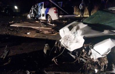 The mangled remains of two cars that crashed outside Belfast on Saturday night, leaving five people dead.