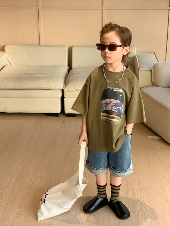 Boys' T-shirt Summer New Children's Fashionable Short Sleeve Baby Boy Thin Breathable Print Summer Clothing, perfect for