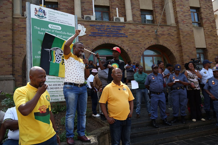 Mzi Zuma addresses ANC Youth League members after they hand over a memorandum about political killings in the province.