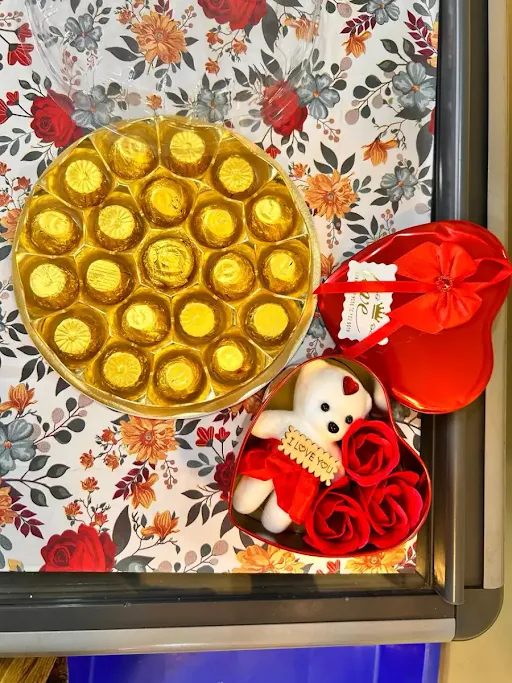 Chocolate Golden Box With Rose Teddy Gift Set [200 Grams]
