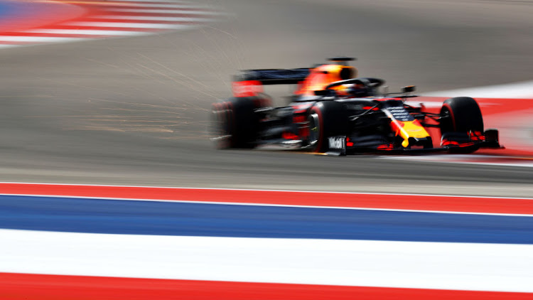 Sparks fly behind Max Verstappen of the Netherlands driving the (33) Aston Martin Red Bull Racing RB15 on track during final practice for the F1 Grand Prix of USA at Circuit of The Americas on November 02, 2019 in Austin, Texas.