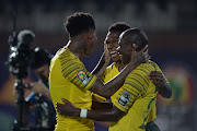 Bafana Bafana players celebrate during the African Cup of Nations match between South Africa and Namibia at Al-Salam Stadium on June 28, 2019 in Cairo, Egypt. 