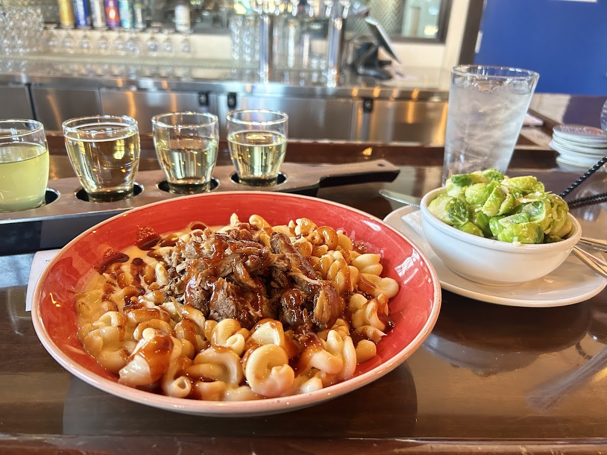Pulled pork mac and cheese and brussels sprouts