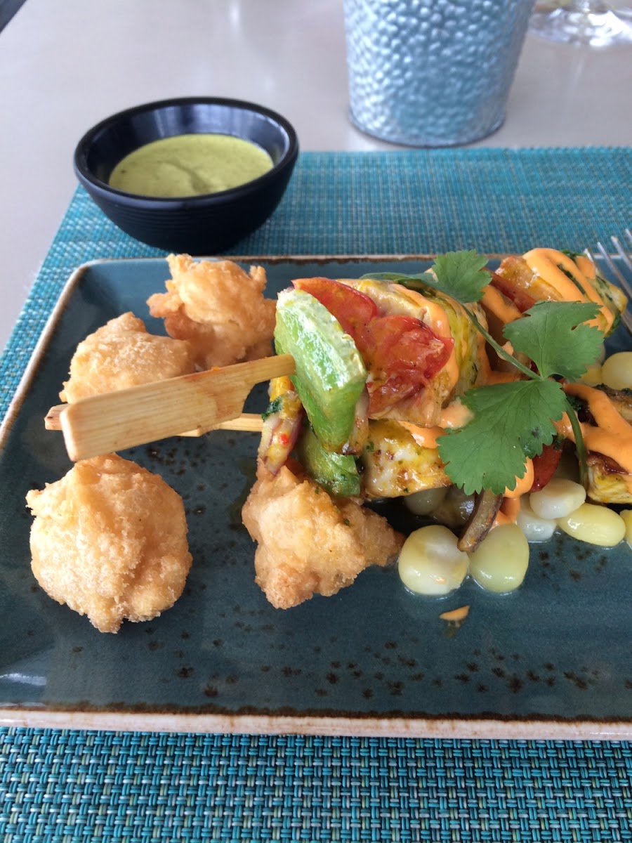 The delicious fresh catch fish skewers with GF yucca bites. Photo by Cg.