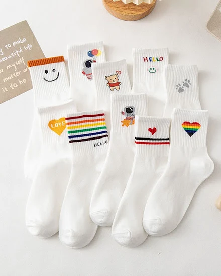 Women New Cotton Socks Cartoon Bear Rainbow Letter Love S... - 2